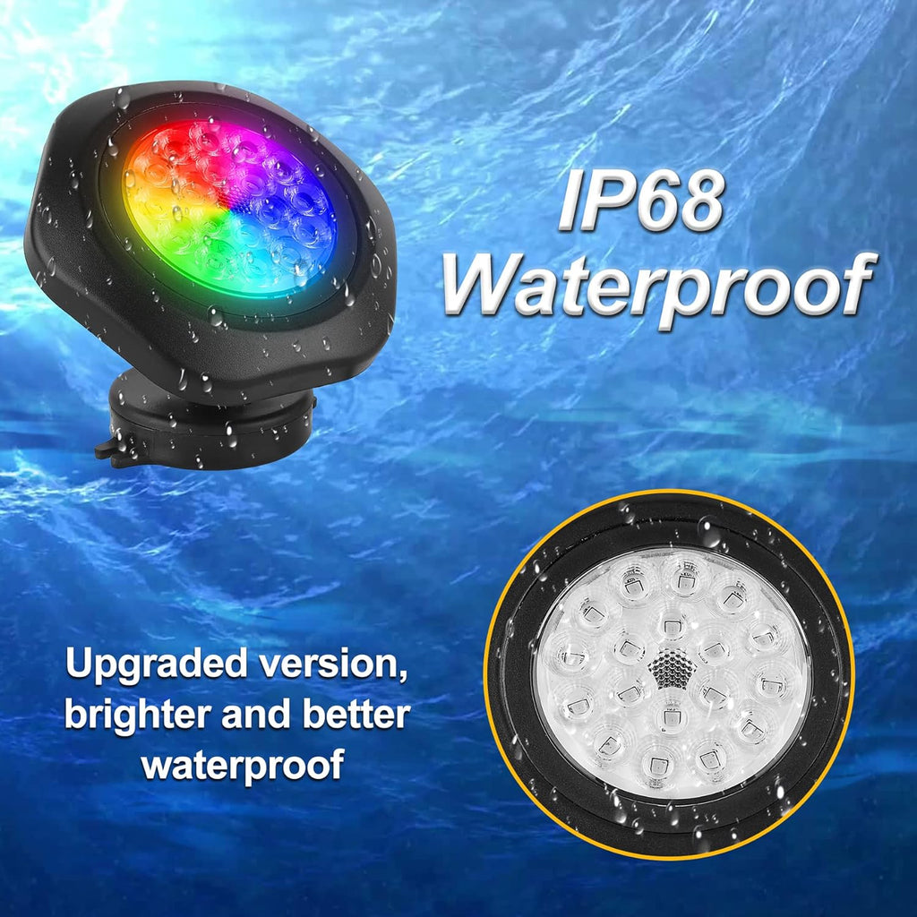 RGBW Pond Lights with Timer, 18 LED Underwater Submersible Fountain Lights Color Changing Landscape Spotlights Remote Control IP68 Waterproof for Fish Aquarium Tank Yard Garden Pool (Set of 6)