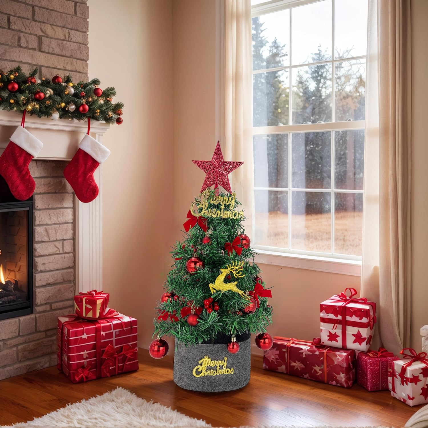 Tree Company Pre-lit Artificial Mini Christmas Tree - Red Star, Small White LED Lights, White Tipped Cones, Glitter Branches Pine Cones and Cloth Bag Base - Glittery Bristle Pine - 24 inch