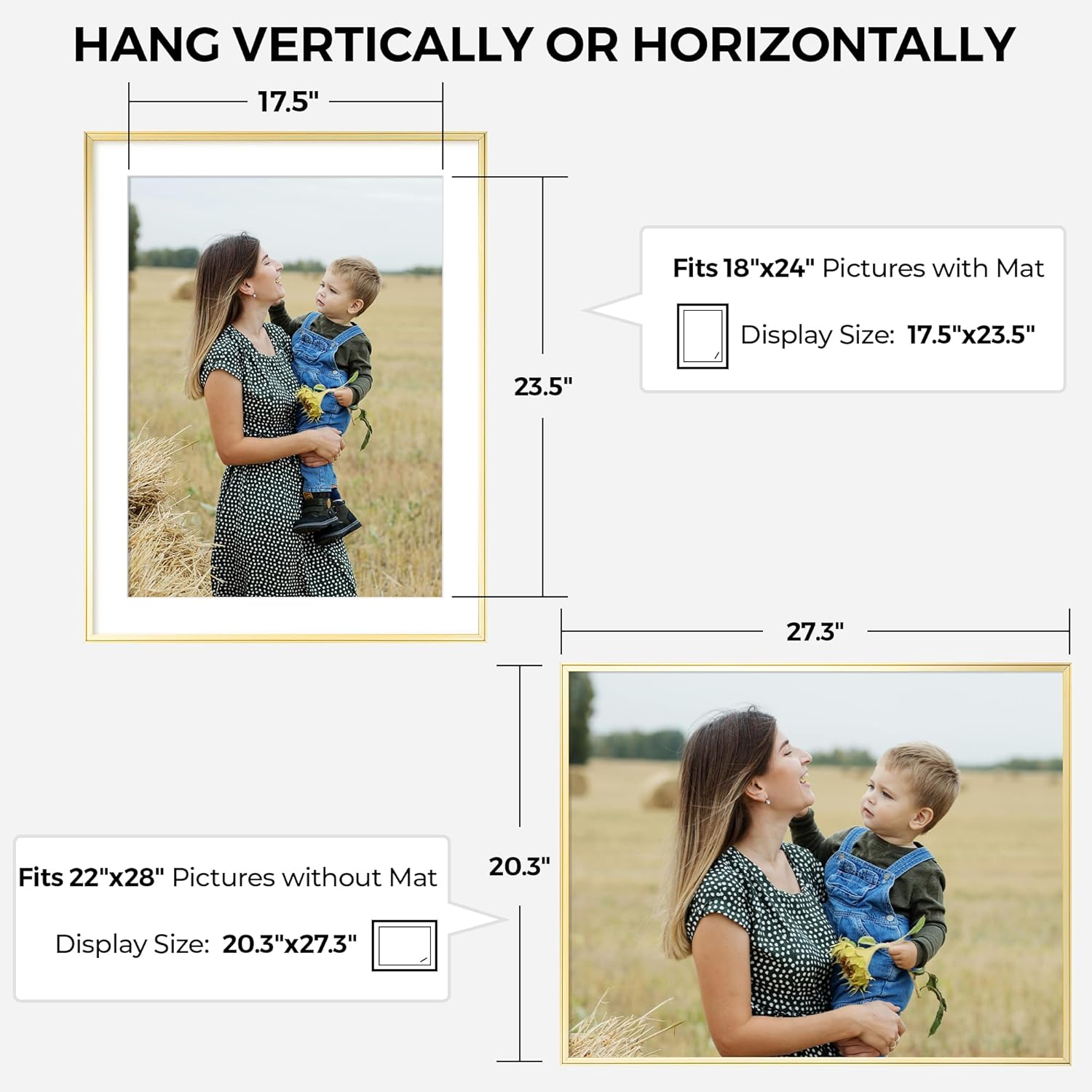 RICHFOCUS Aluminum Picture Frame - 22x28 Gold Metal Frame with Mat for 18x24 Photo, Floating Frame with Tempered Glass - Poster Frame Wall Hook Included for Gallery Wall