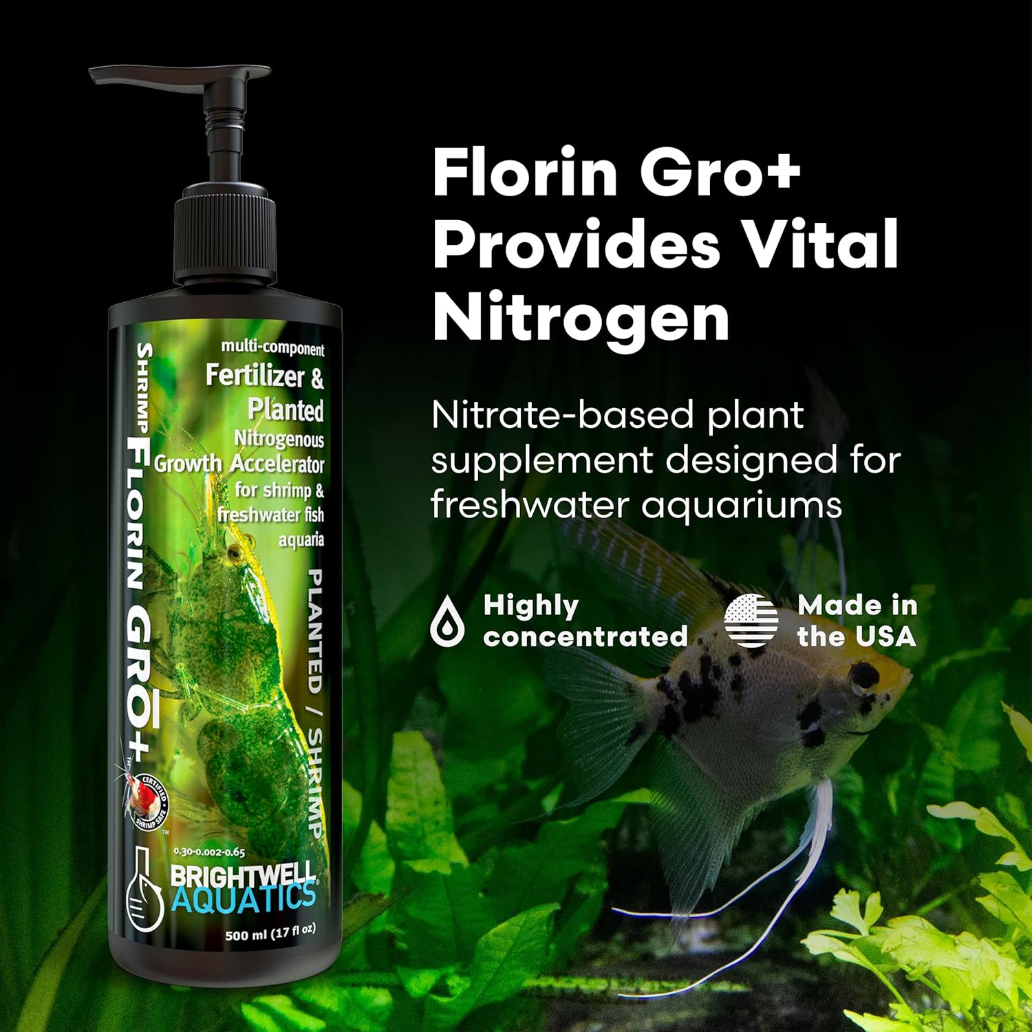 Brightwell Aquatics Shrimp FlorinGrō+ – Nitrate-Based Plant Supplement for Shrimp Aquariums – Supports Growth, Chlorophyll & Vibrant Foliage – Copper-Free, 500 ml