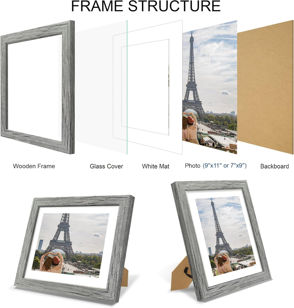 9x11 Picture Frame Set of 4, Made of Real Glass and Grey Frame - Display Picture 7x9 with Mat or 9x11 Without Mat, 9 by 11 Photo for Wall or Tabletop
