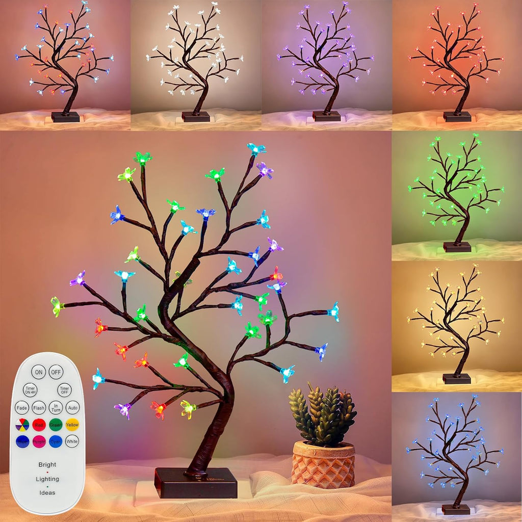 PEIDUO RGBW Cherry Blossom Tree, Light up Bonsai Tree 36 Color-Changing LED, Lit Spirit Tree Lamp with Controller for Christmas Indoor Home Bedroom Tabletop Decoration, USB/Battery Powered, 17.5 Inch