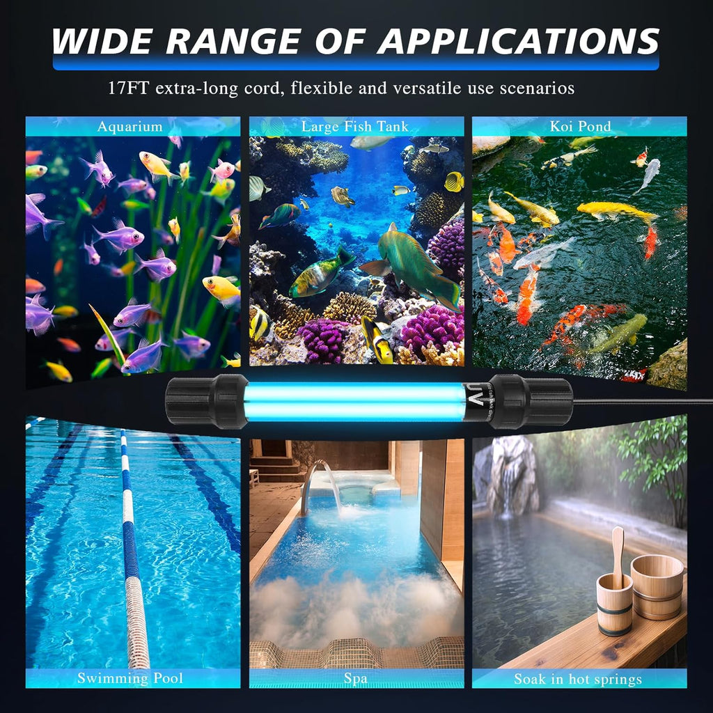 20W UV Submersible Sterilizer Light for Aquarium, Pond, Cold Plunge, Pool, Hot Tub – Ozone-Free UV-C Water Filter Lamp with Quartz Glass, Weighted Gravity Block