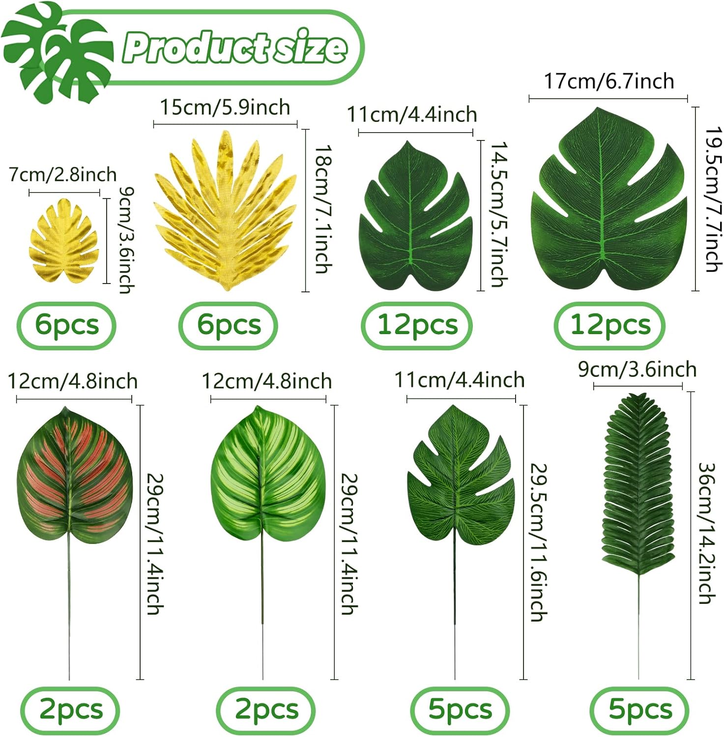 Jungle Party Decorations, 50 Pieces 8 Kinds Palm Leaves Artificial Tropical Monstera, Jungle Leaf with Stem for Jungle Hawaiian Luau Party Table Decoration Wedding Birthday, Green and Gold