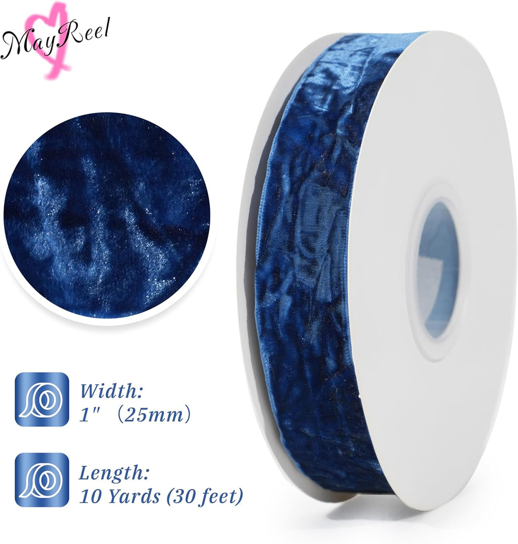 MAYREEL 1 Inch Blue Crushed Velvet Ribbon Navy Blue Vintage for Flower Bouquets Wedding Invitations Crafts Gift Wrapping Party Favor Boxes 10 Yards
