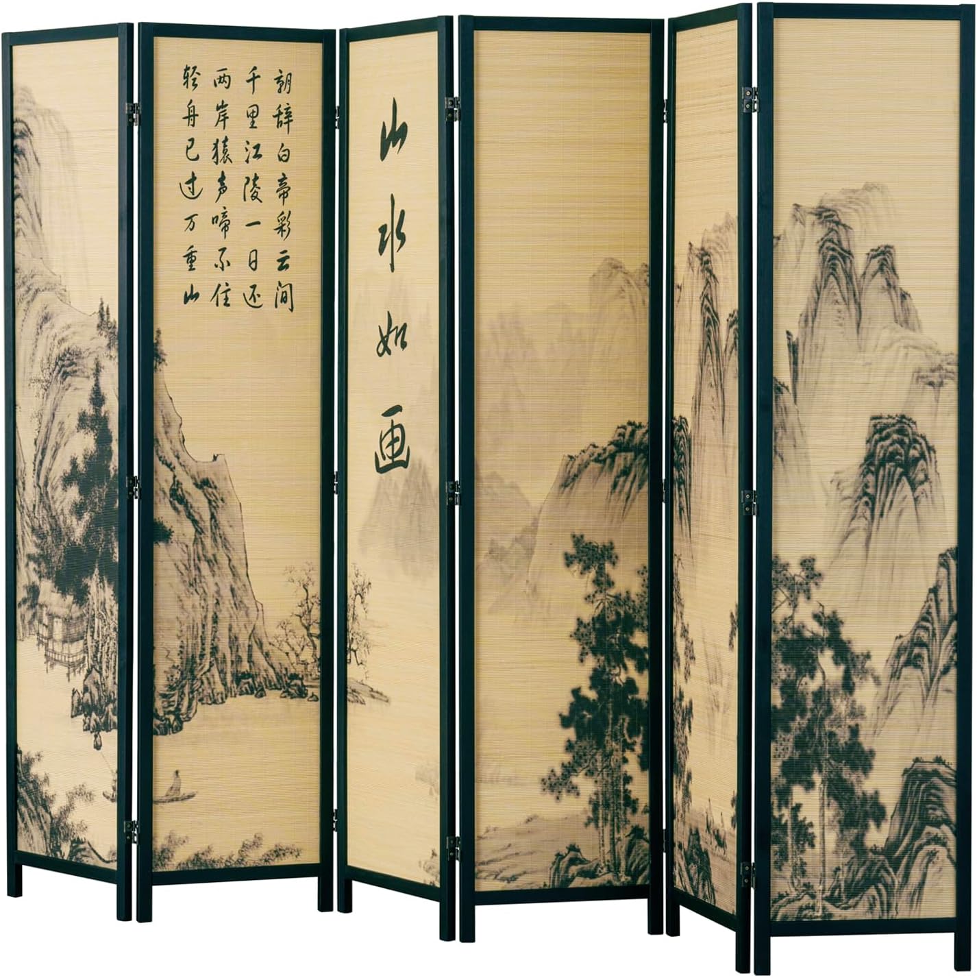 MyGift Decorative 6 Panel Folding Room Divider Bamboo Screen with Chinese Calligraphy Design, 6FT Freestanding Floral Artwork Room Partitioner with Black Wood Frame 94.5''W x 69''H