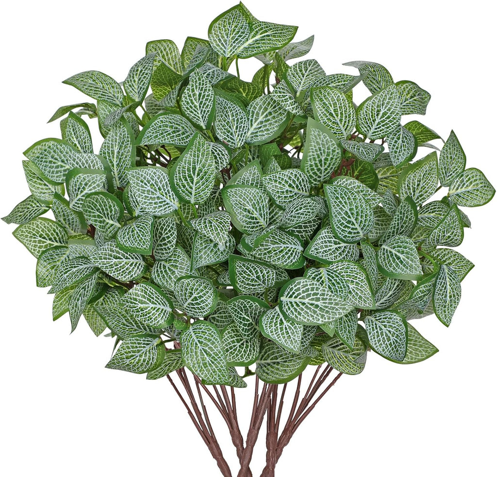 Hollyone 5 Bundles Artificial Greenery Plants Stems Faux Fittonia Leaves Plant Bouquet Fillers for Arrangement, Fake Shrub Bushes Plants for Home Centerpiece Indoor Outdoor Garden Patio Porch