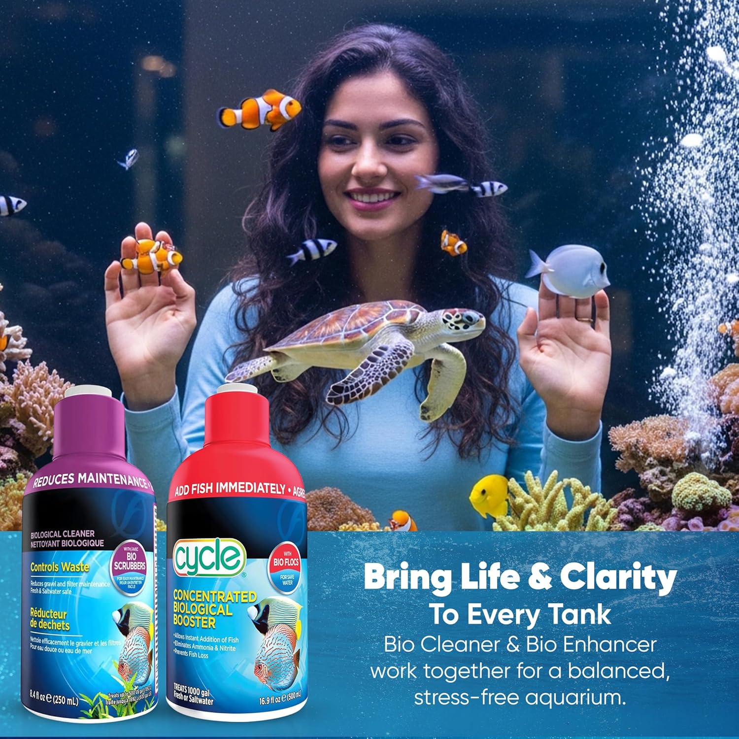 Aquarium Water Conditioner Bundle–Biological Enhancer & Waste Control Cleaner, 8.4 Oz Each | Aquarium Water Treatment, Water Conditioner & Bacteria Starter for Clear, Healthy Aquarium