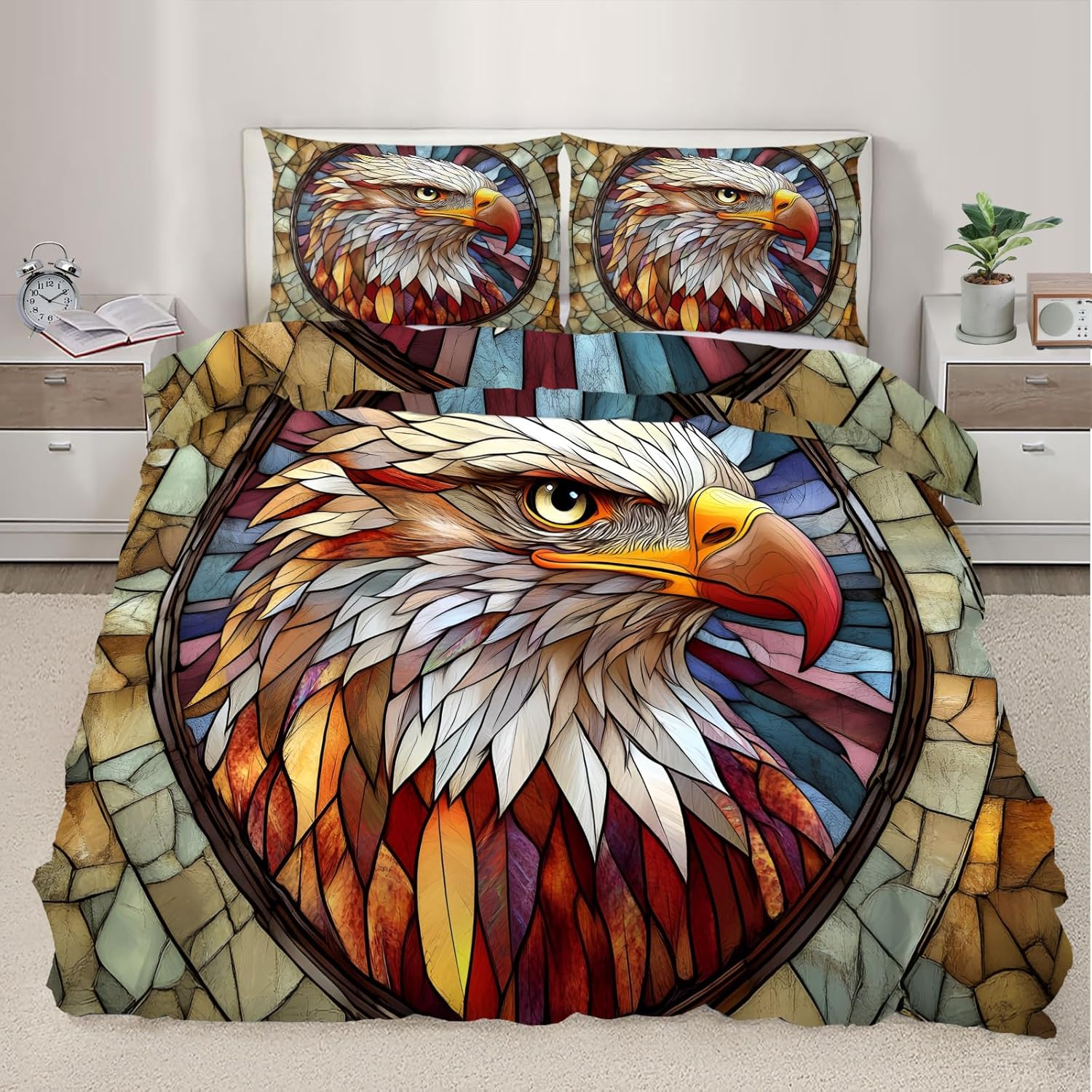 Eagle Duvet Cover California King, Colorful Enamel Glass Eagle Bedding Set 3 Piece Bedroom Decor Vintage Medieval Comforter Cover with Zipper Ties & 2 Pillowcases