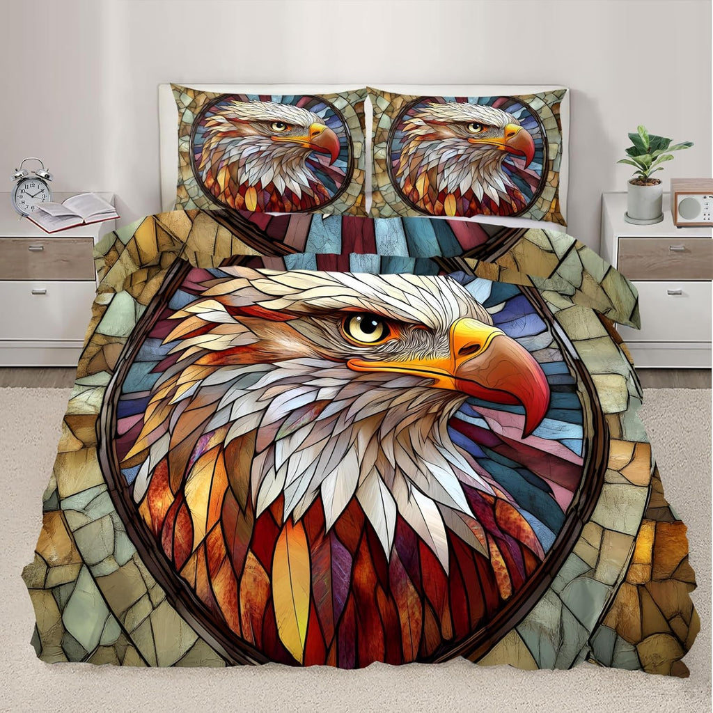 Eagle Duvet Cover Queen Size, Colorful Enamel Glass Eagle Bedding Set 3 Piece Bedroom Decor Vintage Medieval Comforter Cover with Zipper Ties & 2 Pillowcases