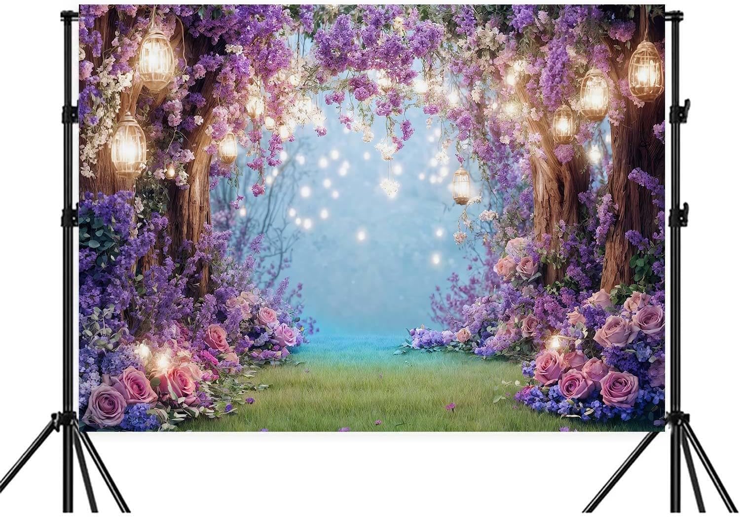 12X10ft Purple Flower Wall Backdrop Floral Arch Fairy Lights Romantic Background for Bridal Shower Birthday Party Anniversary Ceremony Props for Portrait Photo Studio Booth Decorations