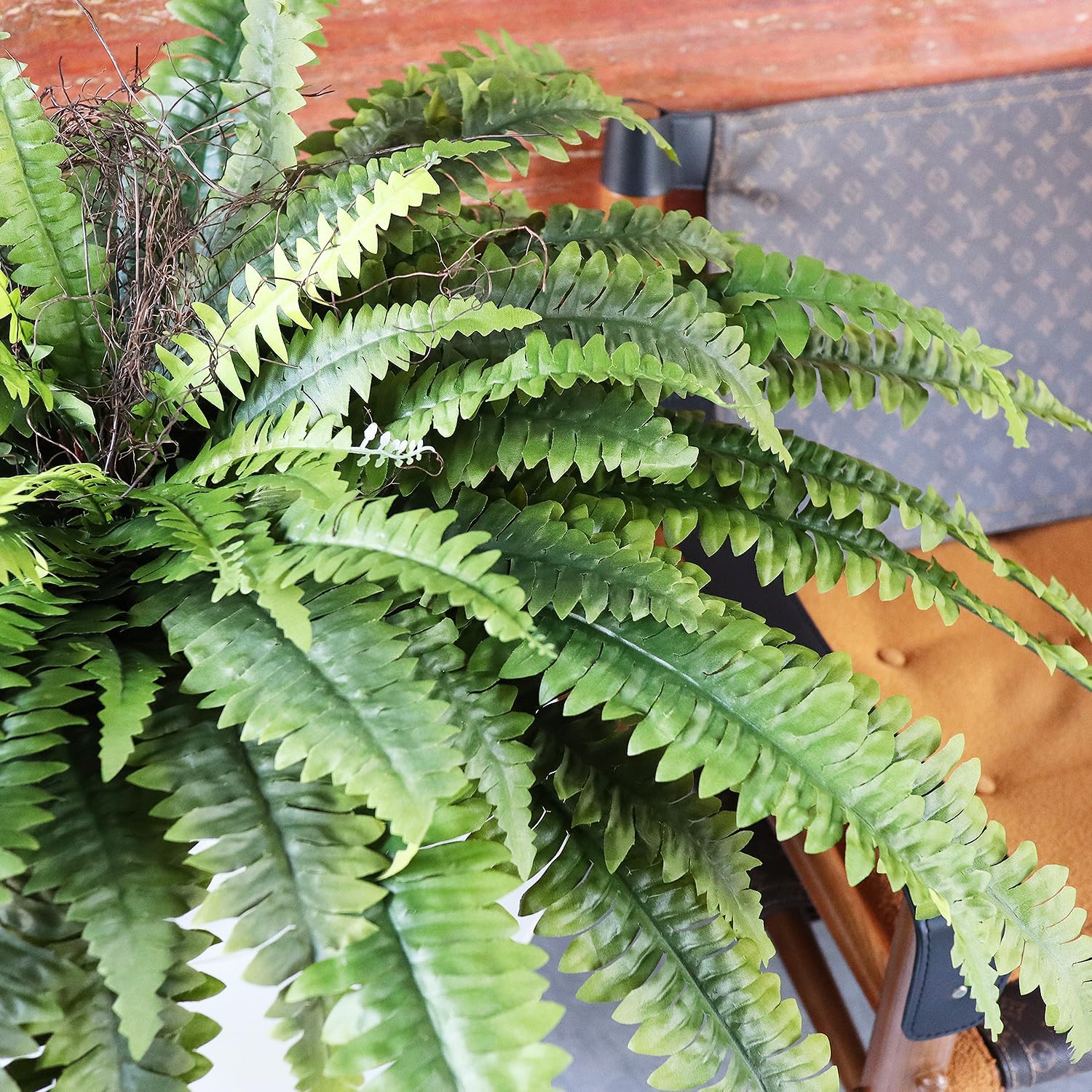 Large Artificial Ferns for Outdoor 96 Fronds Fake Boston Fern Faux Ferns Plant Silk Greenery for Indoors Home Garden Porch Windowsill Decor (1 Stem)