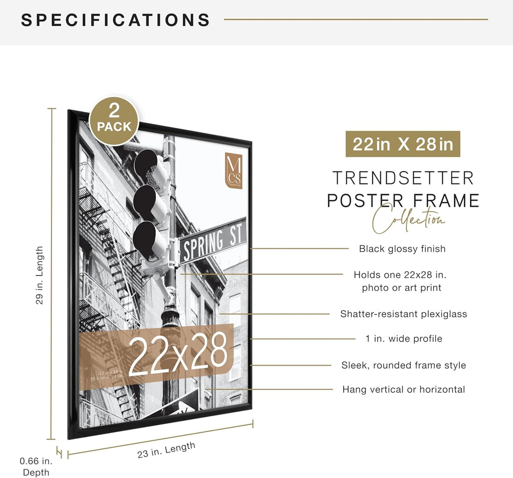 MCS Trendsetter 22x28 Poster Frame Black High-Gloss, Vertical & Horizontal Wall Hanging Large Picture Frame for Photos, Posters & Art Prints (2-Pack)
