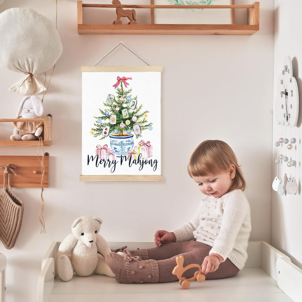 FDHSPAAM Chinoiserie Christmas Mahjong Tree Wall Art Decor, Gifts for Mahjong Players Lovers, Preppy Grandmillennial Christmas Tree Wall Art Posters for Home Bedroom Living Room, 12x16 Inch
