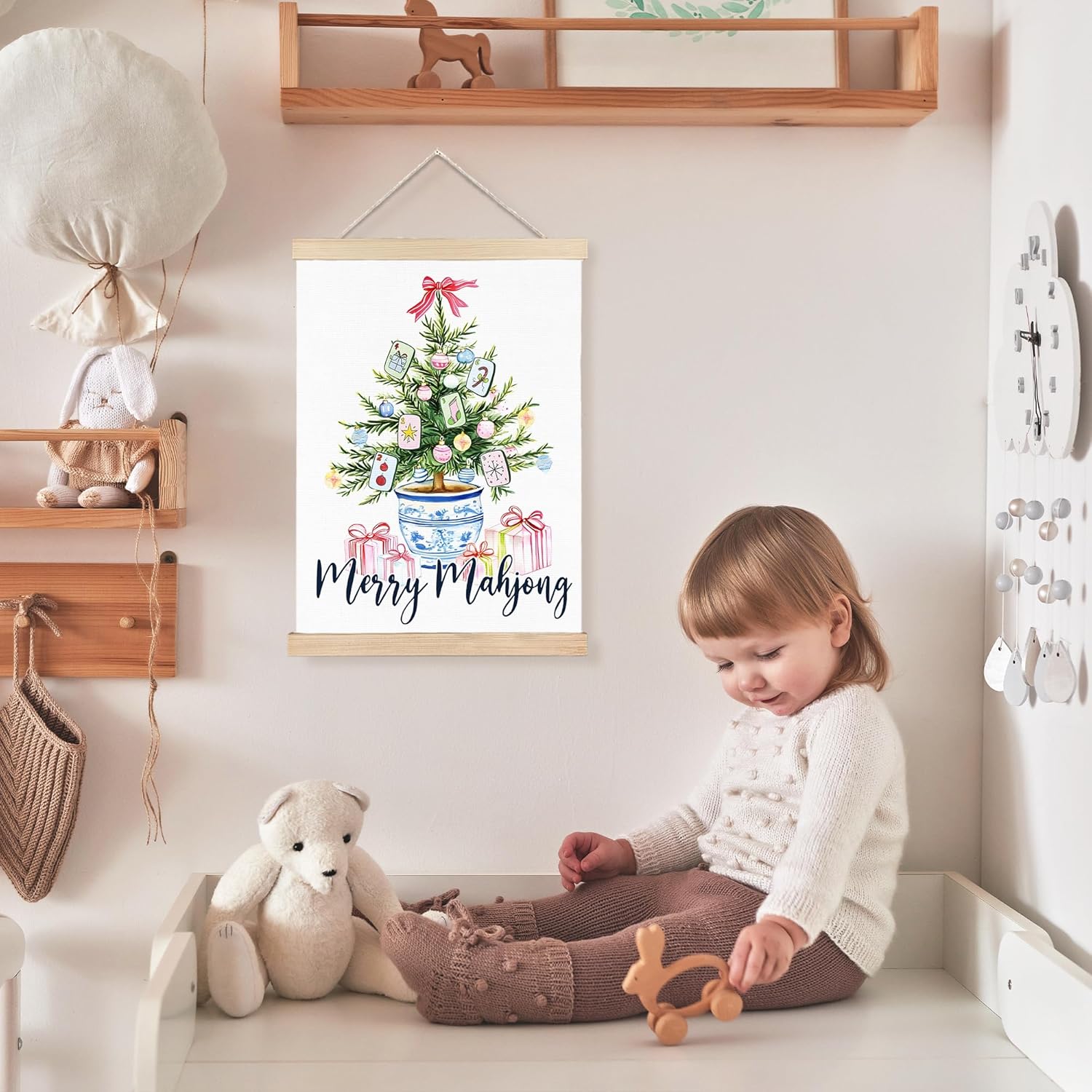 FDHSPAAM Chinoiserie Christmas Mahjong Tree Wall Art Decor, Gifts for Mahjong Players Lovers, Preppy Grandmillennial Christmas Tree Wall Art Posters for Home Bedroom Living Room, 12x16 Inch
