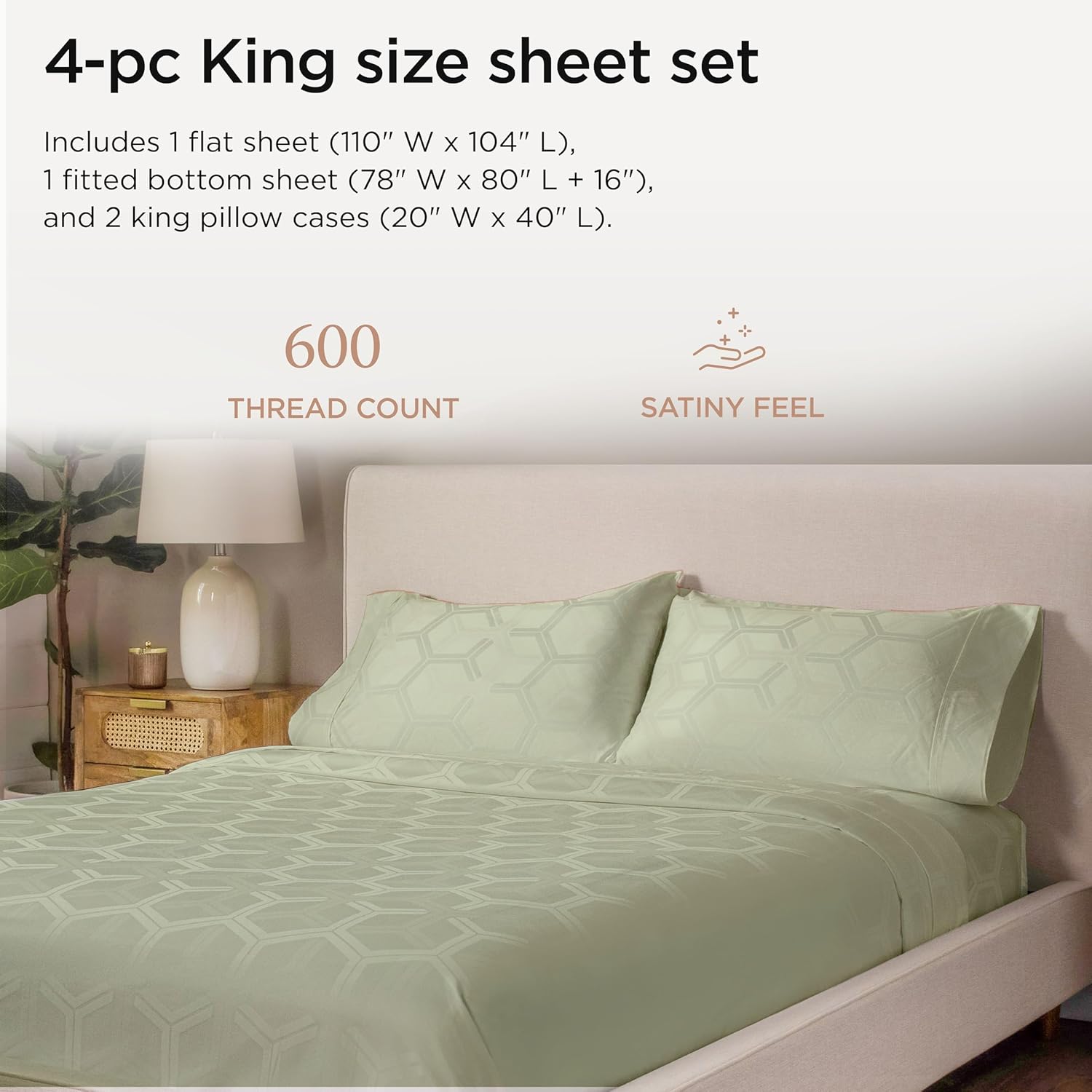 Threadmill 100% Cotton Sheets for King Size Bed - 600 Thread Count King Bed Sheets Set with 16” Deep Pocket - Jacquard Sateen Weave 4-Piece Bedding Set with Cooling Effect, Sage Green