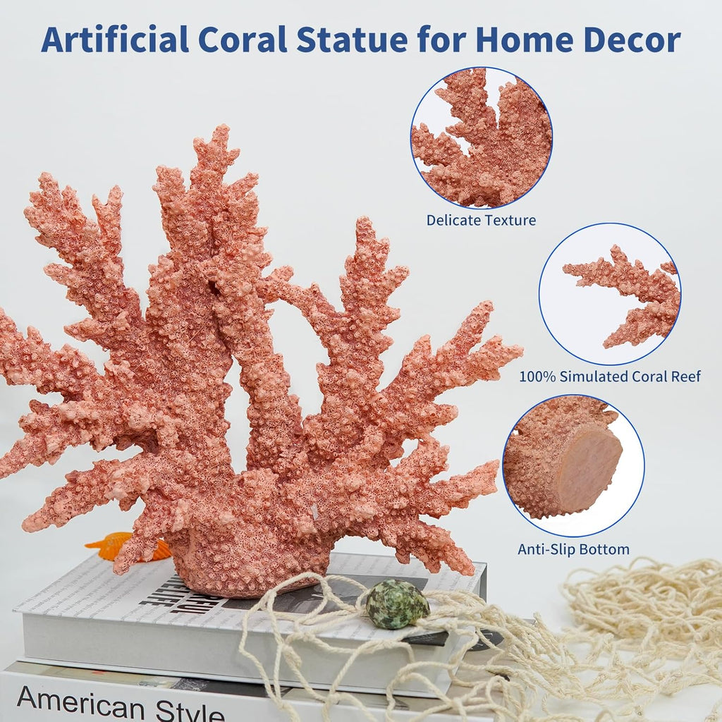 Coral Beach Decor, Artificial Resin Coral Reef Statue, Coastal Room Decor Beach Decorations for Home Bathroom Bedroom,Ocean Themed Decor for Office,Aquarium,13.5''Lx11''H, RB1007P, Pink
