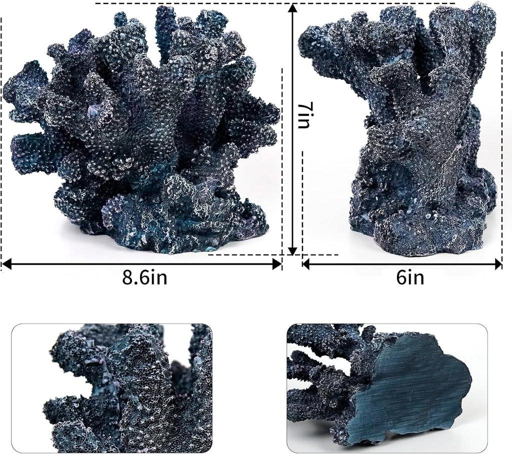 Coral Beach Decor, 7'' High x 8.6'' Width Artificial Resin Coral Reef Statue for Ocean Coastal Beach Nautical Themed Room Bathroom Decor for Home, RB1005B, Blue