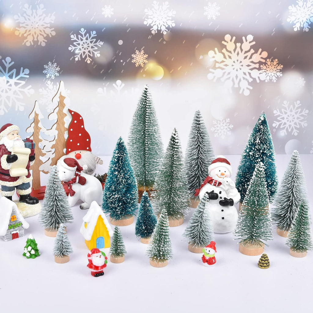 DearHouse 29PCS Artificial Mini Christmas Trees, Mini Pine Tree Sisal Trees with Wood Base Bottle Brush Trees for Christmas Table Top Decor Winter Crafts Ornaments