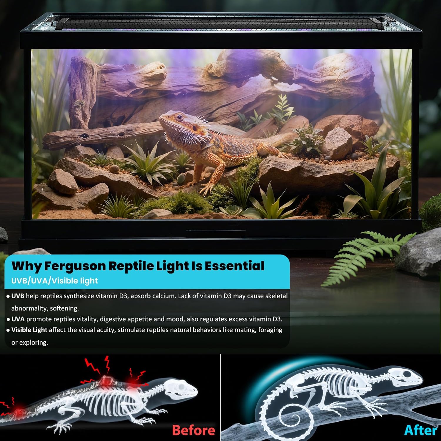 UVB Light for Reptiles, 28.5IN 18W LED UVA UVB Terrarium Lamp with 4 Auto Modes for Ferguson Zones, Terrarium Lamp for Bearded Dragons, Leopard Gecko, Snake, Turtle & More