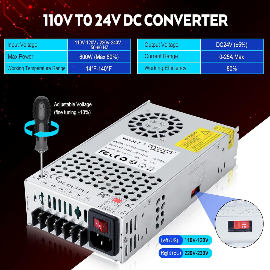 VAYALT 24V 25A 600W DC Switching Power Supply, Universal Regulated Switching AC 110V/220V to DC 24V Transformer, Power Supply for Industrial, CCTV, Computer Project, 3D Printer, LED Strip Light