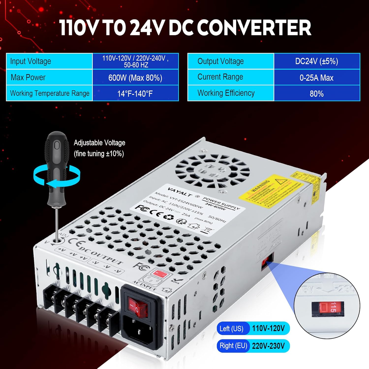 VAYALT 24V 25A 600W DC Switching Power Supply, Universal Regulated Switching AC 110V/220V to DC 24V Transformer, Power Supply for Industrial, CCTV, Computer Project, 3D Printer, LED Strip Light