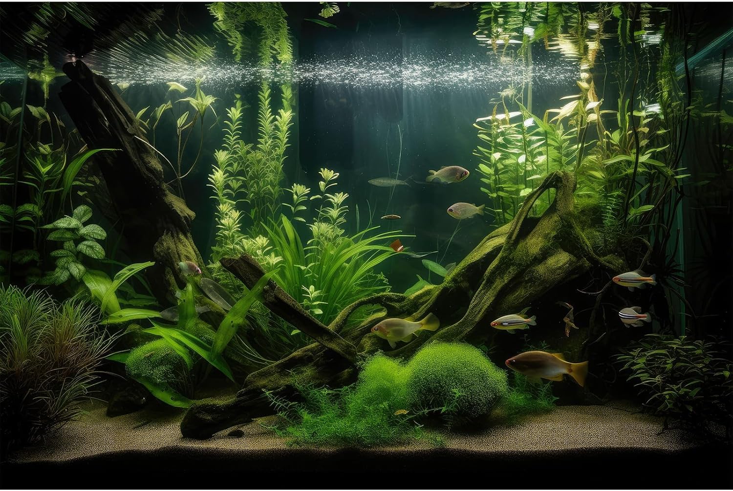 Underwater Aquarium Background Lush Green Diverse Aquatic Plants with Sunbeams Fish Tank Background Underwater Stone with Moss Tropical Fish Rooted Species Terrarium Background Vinyl 48x24in