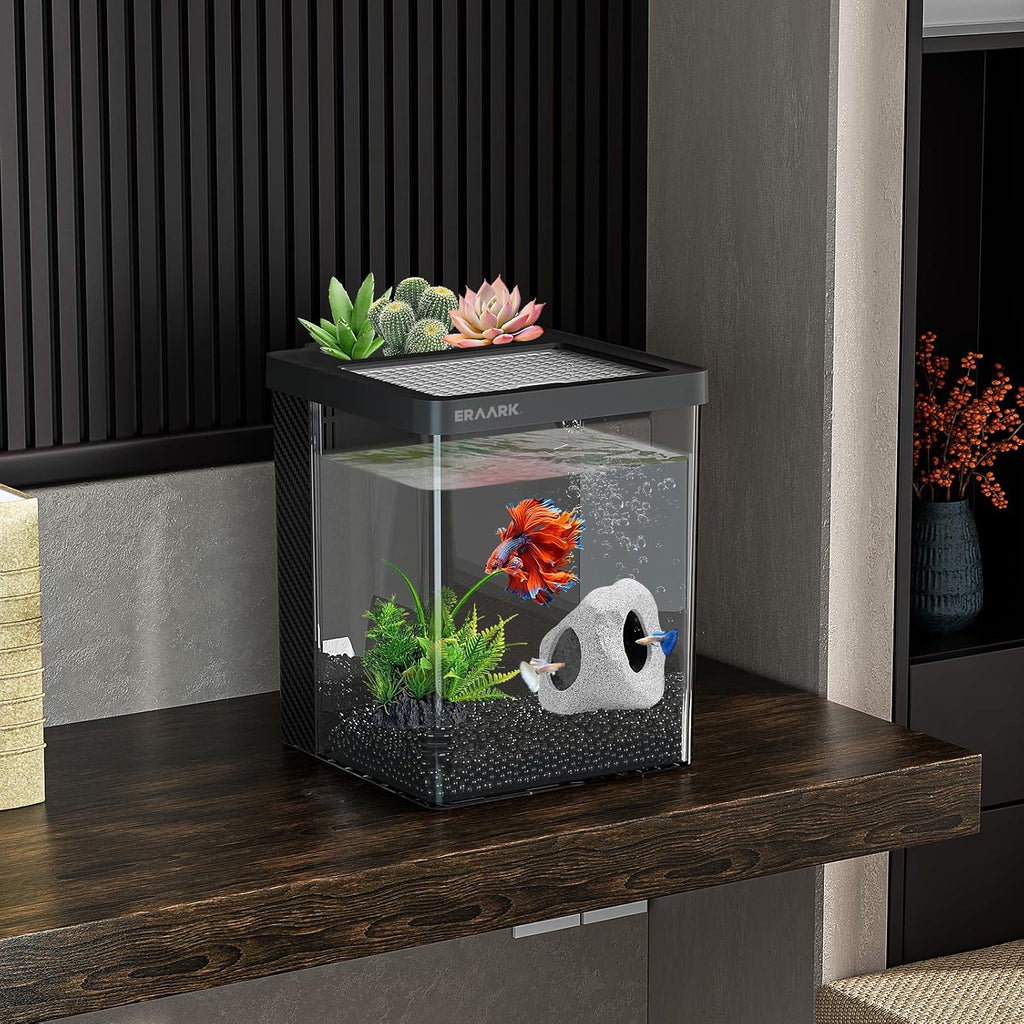 Betta Fish Tank,Aquarium kit 1.5 Gallon Fish Tank,with Filter LED Light, Water Pump, Decorate Water Plants and Sand, Aquarium Starter Kits, Fish Bowl