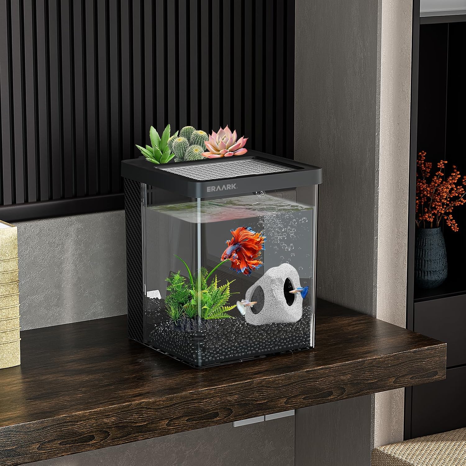 Betta Fish Tank,Aquarium kit 1.5 Gallon Fish Tank,with Filter LED Light, Water Pump, Decorate Water Plants and Sand, Aquarium Starter Kits, Fish Bowl