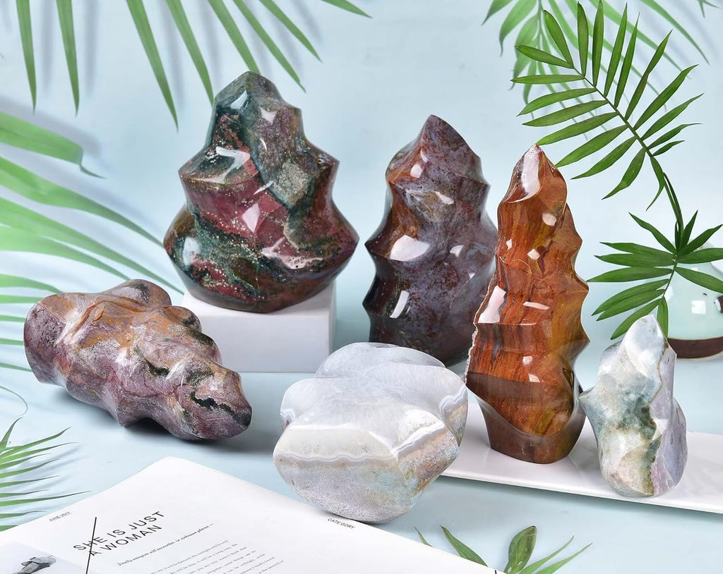 AMOYSTONE Ocean Jasper Flame Shaped Stone Towers Obelisk Natural Healing Crystal Quartz Reiki Energy Decoration Home Office Decor 2.2-2.8LBS
