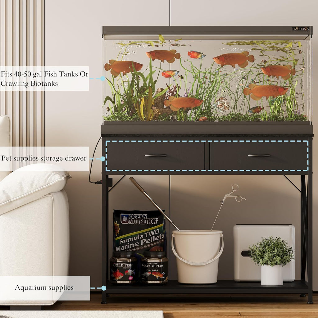 40-50 Gallon Fish Tank Stand，Aquarium Holder with Power Outlet and 2 Drawers，Heavy Duty Breeder Turtle Terrarium Stand Suitable for Turtle Tank, Reptile Terrarium, for Home Office (Black)