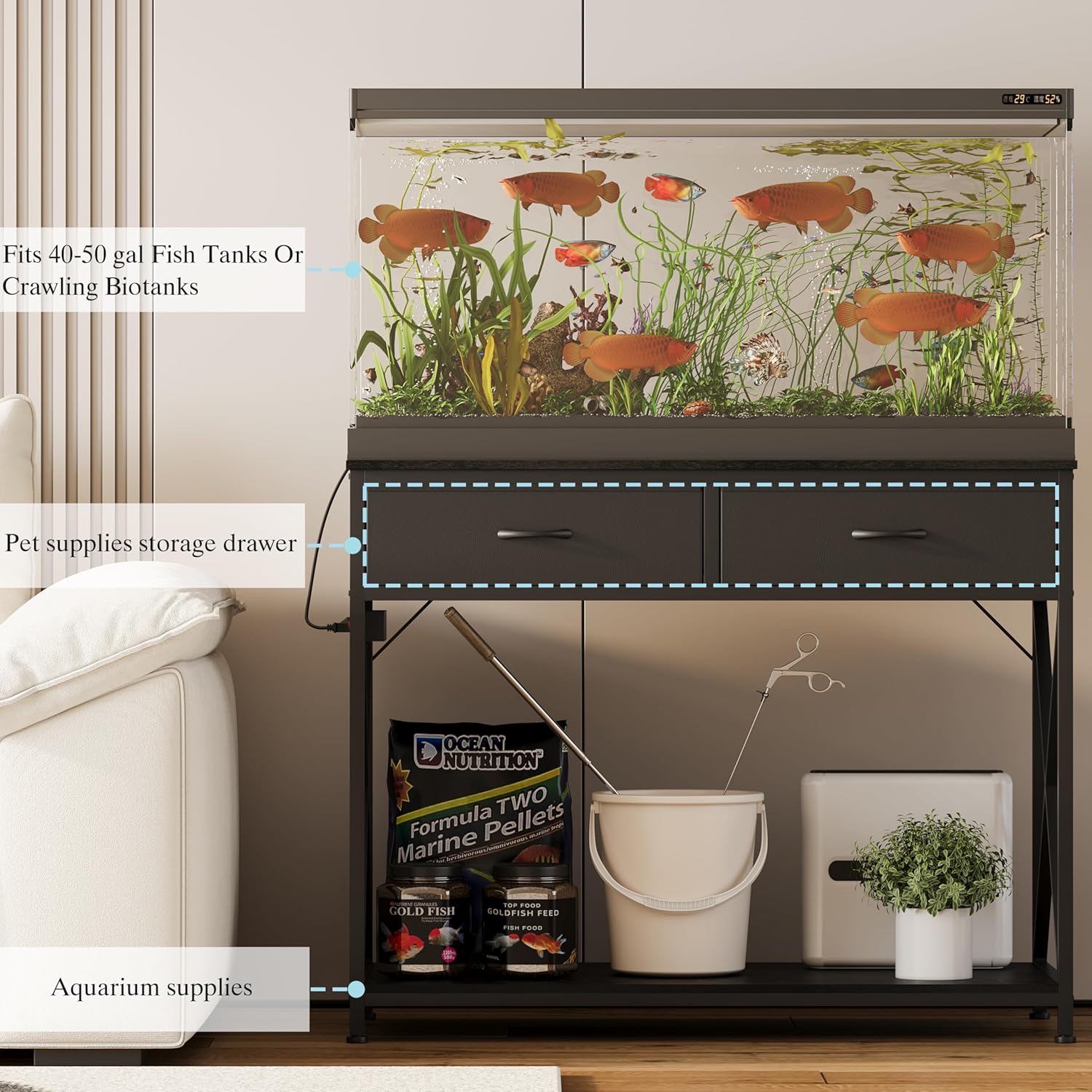 40-50 Gallon Fish Tank Stand，Aquarium Holder with Power Outlet and 2 Drawers，Heavy Duty Breeder Turtle Terrarium Stand Suitable for Turtle Tank, Reptile Terrarium, for Home Office (Black)