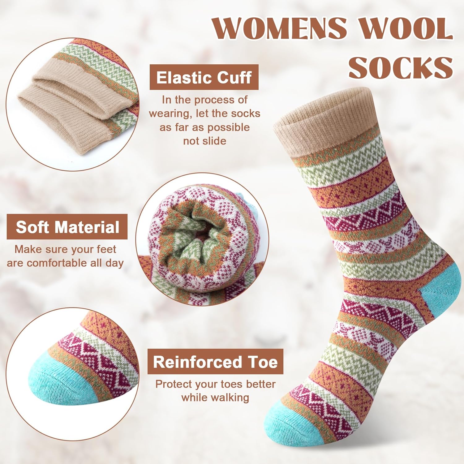 Justay 5 Pairs Wool Socks for Women - Winter Thick Boot Cozy Crew Vintage Soft Calf Knit Warm Socks Gifts