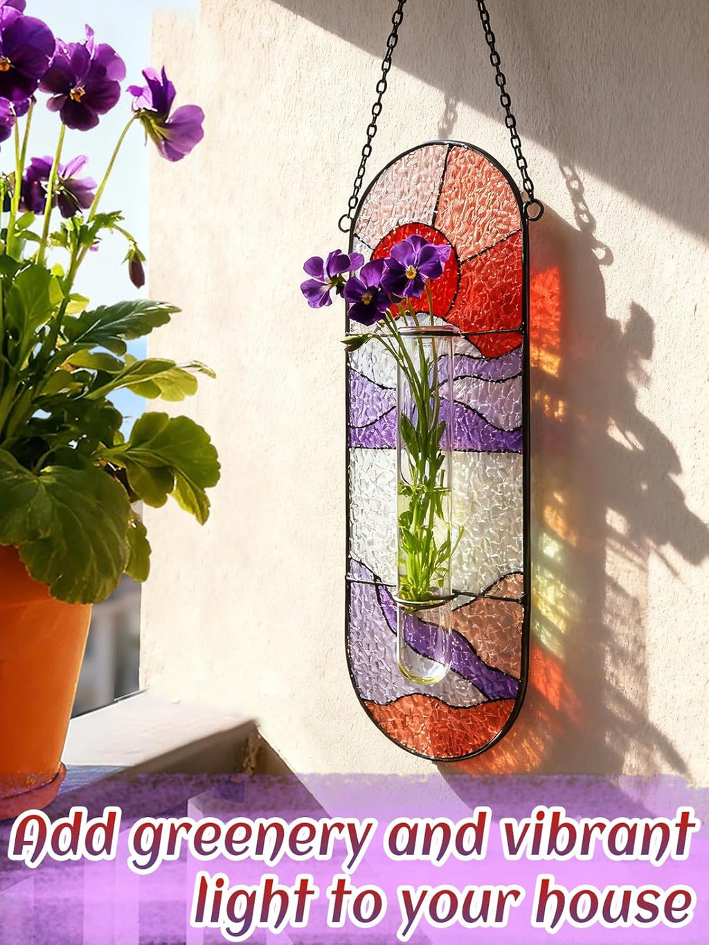 Stained Glass Plant Propagation Stations - Handmade Sunshine Catcher Hydroponic Planter Window Hanging with Glass Tubes, Christmas Terrarium Decor Gifts for Women Mom Plant Lovers, Red