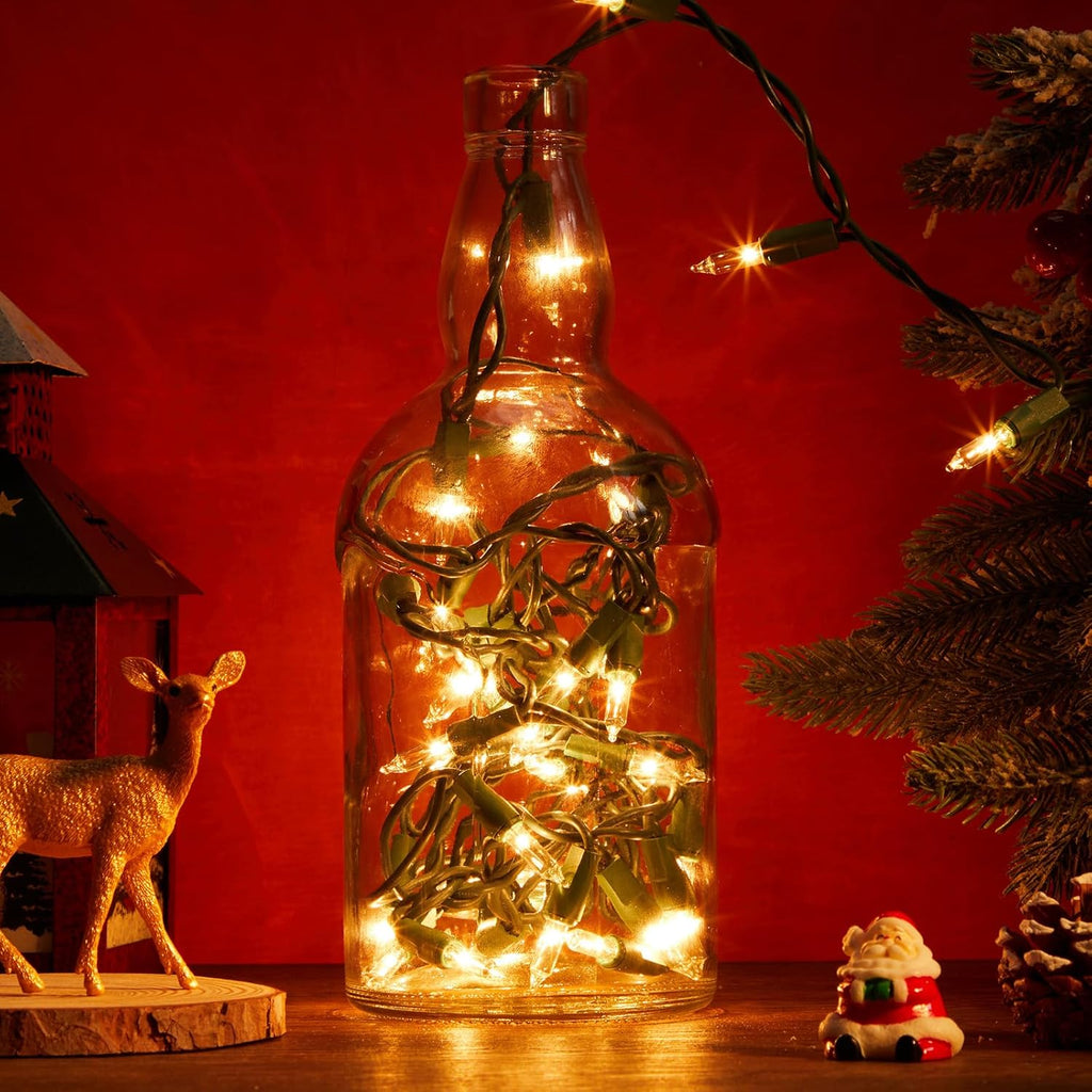 Mini Christmas Lights String Warm White Vintage Short Strand String Lights, Clear Bulbs Wire Fit Light up Christmas Decorations(35 Bulbs No Connectable,8.5ft,Green)