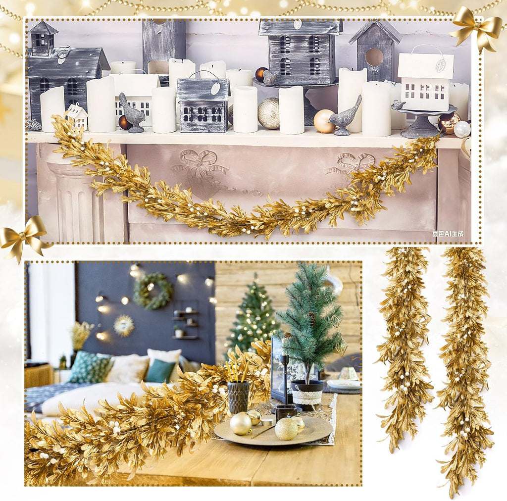 Dingion 9ft Christmas Gold Boxwood Leaf Garland Artificial Leaf Garland with Pearl White Berry for Christmas Fireplace Front Door Stairs Decoration Winter Engagement Birthday Wedding Party Supplies