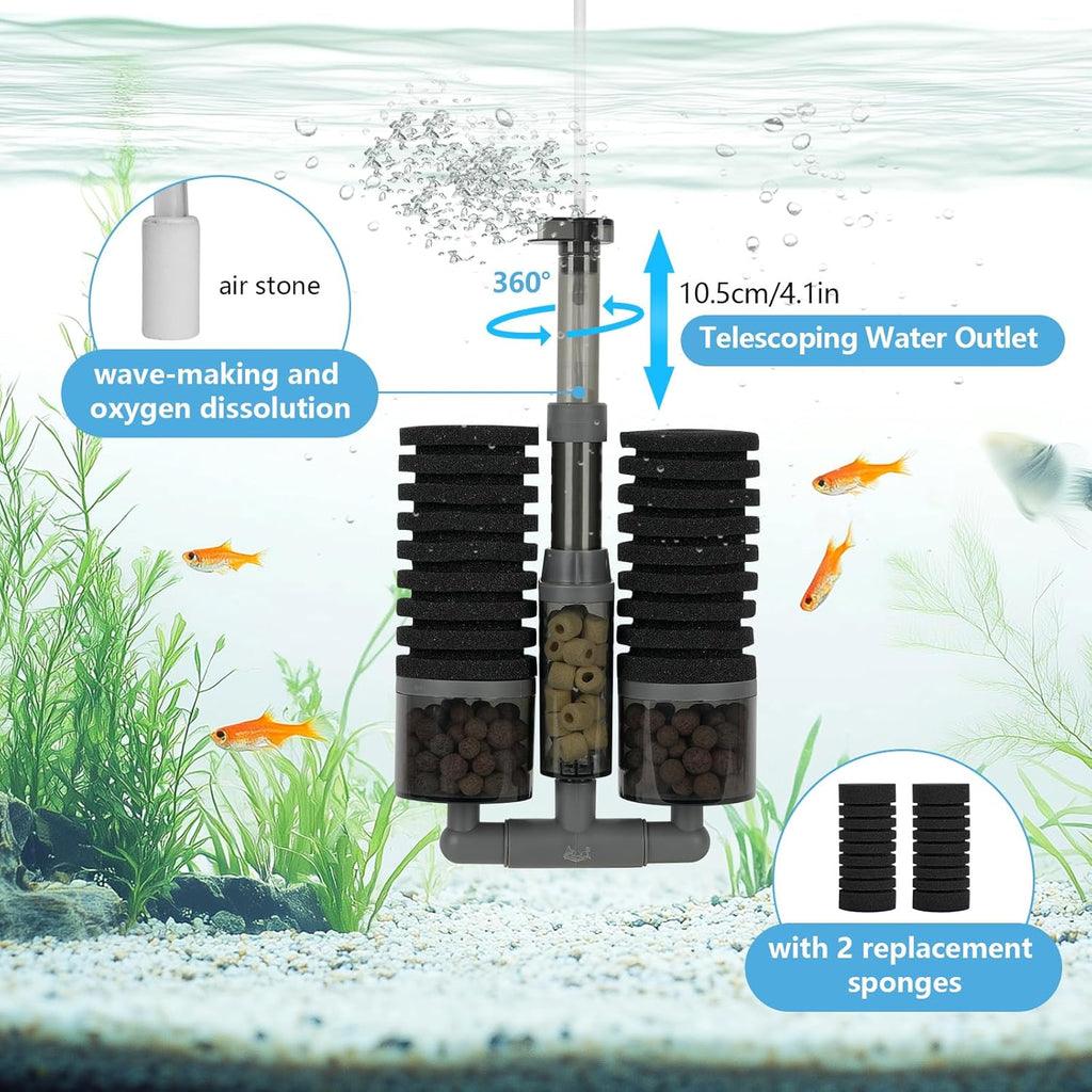 AQQA Aquarium Filter, Dual Sponge Fish Tank Filters (No Pump),Multi-Stage Filtration Clean Water, Adjustable 360°Water Outlet, Air-Driven Dissolved Oxygen,Suitable for Freshwater and Saltwater S