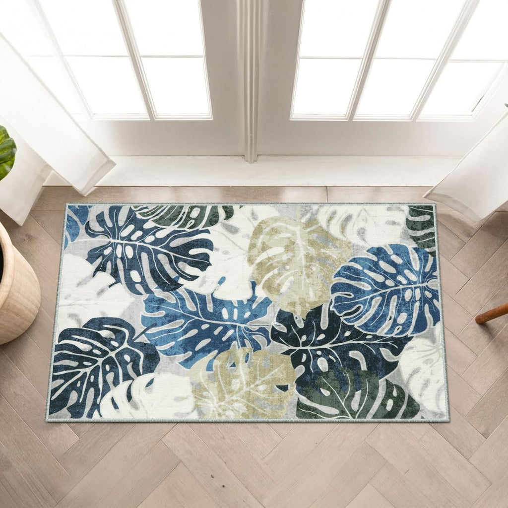 Wonnitar 2x3 Kitchen Sink Rug, Machine Washable Blue Bathroom Leaf Rugs, Monstera Coastal Non-Skid Bedside Accent Mat, Non-Shedding Low Pile Floor Carpet for Entry Doormat Bedroom Laundry