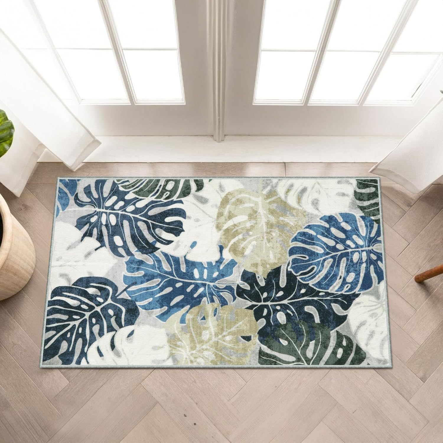 Wonnitar 2x3 Kitchen Sink Rug, Machine Washable Blue Bathroom Leaf Rugs, Monstera Coastal Non-Skid Bedside Accent Mat, Non-Shedding Low Pile Floor Carpet for Entry Doormat Bedroom Laundry