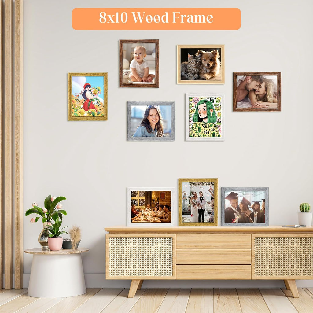 8x10 Wood Frames Set Brown, Natural Wooden 10x8in Picture Frames, Modern Golden 8 x 10inch Gallery Photo Pic Frame with HD Plexiglass, Horizontal Vertical Wall Mounting Tabletop Display 1Pcs