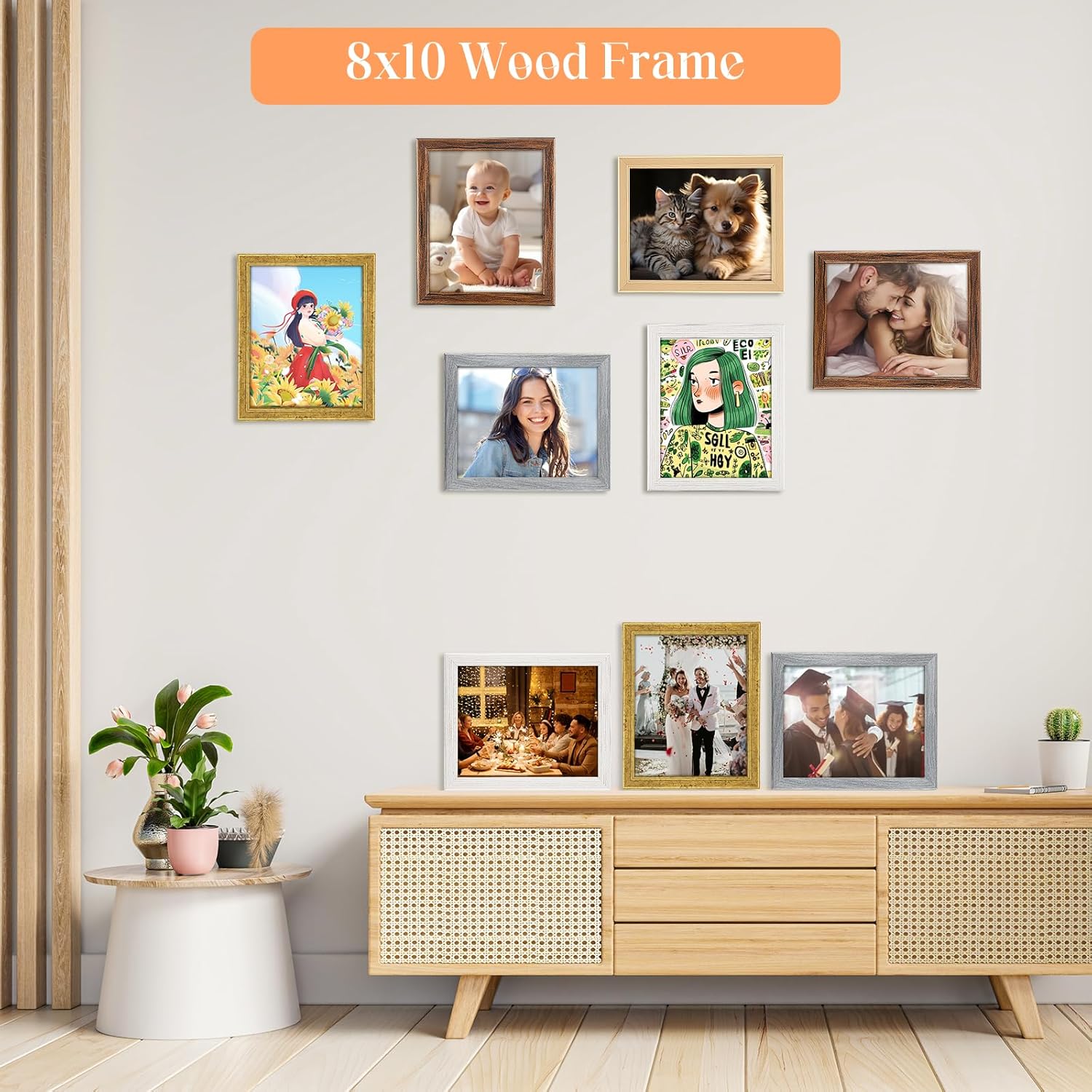 Wood 11x12 Frame Gold, Ornate Natural Wooden 12x11in Picture Frames, Modern Golden 11 x 12inch Gallery Photo Pic Frame with HD Plexiglass, Horizontal Vertical Wall Mounting Tabletop Display 1Pcs