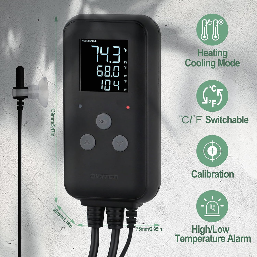 DIGITEN Waterproof Digital Temperature Controller for Aquarium, Greenhouse & Outdoor Heating - 10A Heat Mat Thermostat Controller