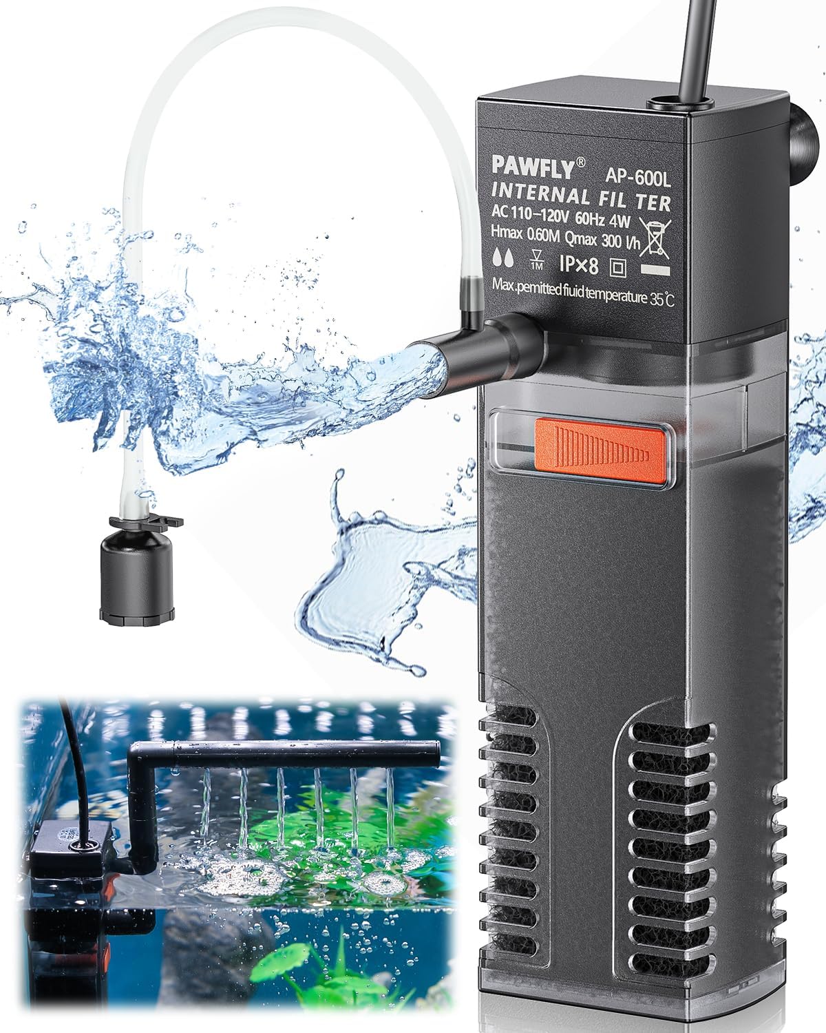 Pawfly Internal Aquarium Filter with 80 GPH Water Pump Quiet Submersible Bio Sponge Foam Filter for 10 to 20 Gallon Fish Tanks Small Multifunctional Filter for Filtration Circulation and Oxygenation