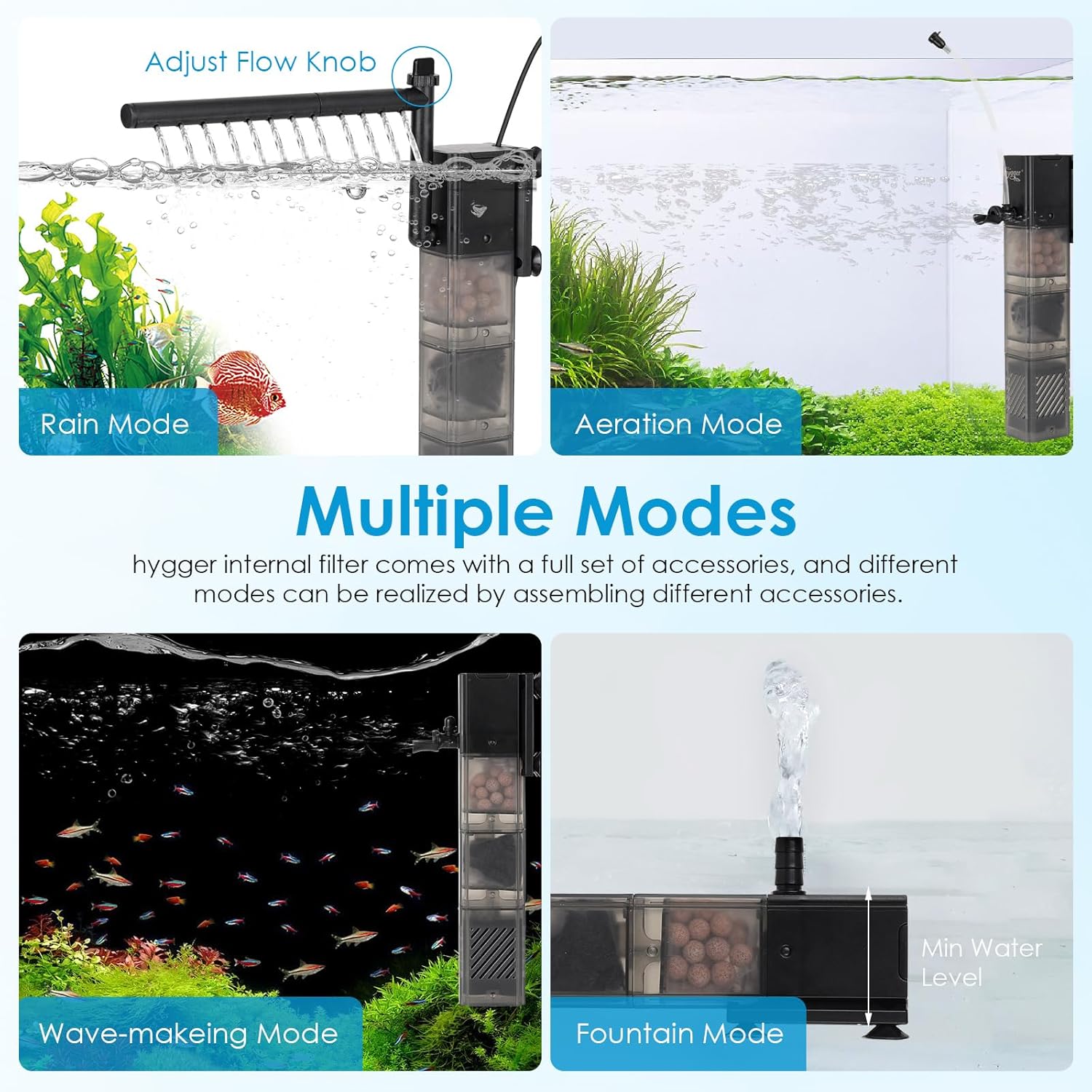 hygger Aquarium Filter DC 5V Multiple Function Power Quiet Fish Tank Filter with Rainfall Aeration 3-Stages Filtration Adjustable Submersible Internal Fish Filter for 13-35 Gallon