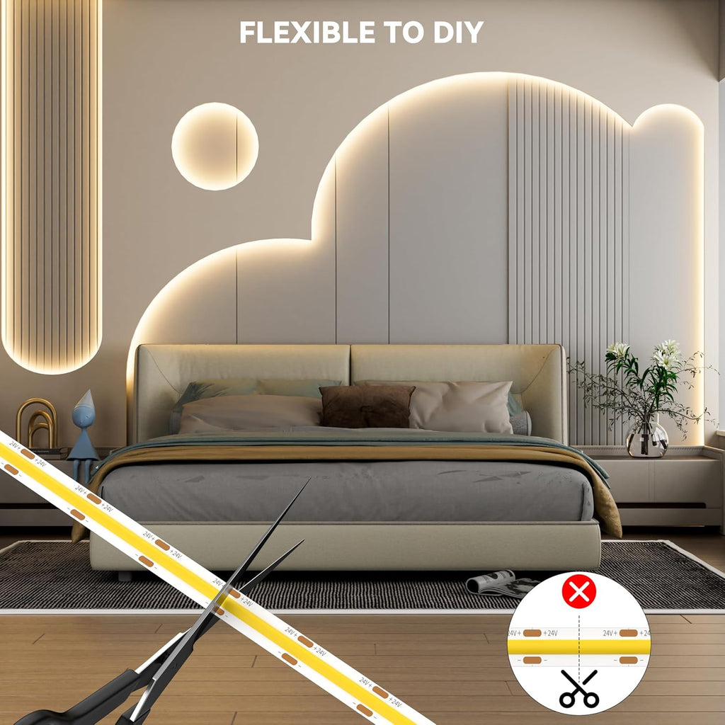 PAUTIX COB LED Strip Lights 40ft/12.2m Super Bright,504 LEDs/m Warm White 3000K CRI90+ Flexible LED Tape 24V for Cabinet Home DIY Lighting Projects with 2pcs COB Connector(Power Supply Not Included)