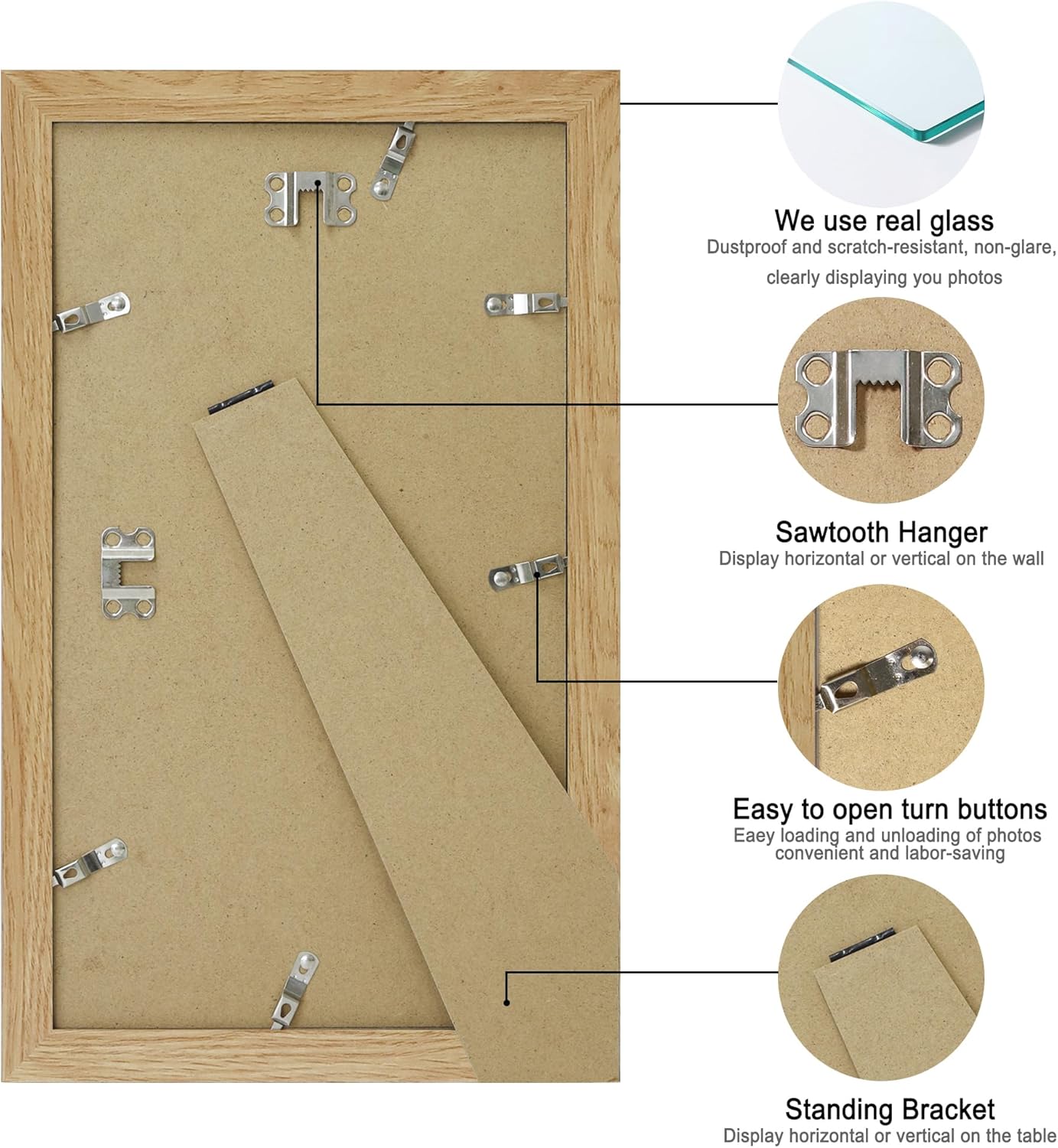 8x14 Picture Frame Set of 2, Natural Oak Wood Frame with Glass Collage Frame, Display Pictures 3-4x6 With Mat or 8 x 14 Without Mat - Horizontal or Vertical Wall Mounting