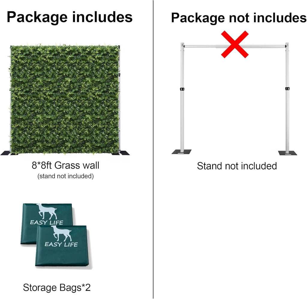 Artificial Flower Wall 8x8ft Green Grass Backdrop for Wedding, Baby Shower, Party, Birthday & Home Decor, Easy & Quick Assembly (Greenery)