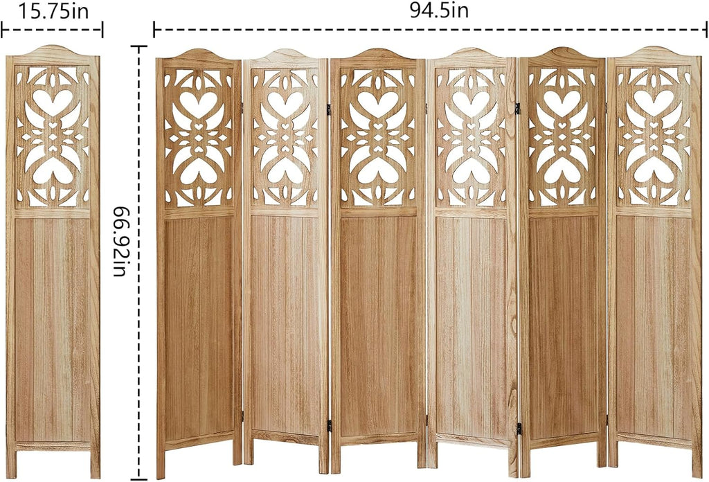 Wood Room Divider 6 Panel 5.6Ft Carved Room Divider and Folding Privacy Screen, Minimalism Portable Partition Screen Divider for Room Separation, Room Decoration for Home Office - Natural
