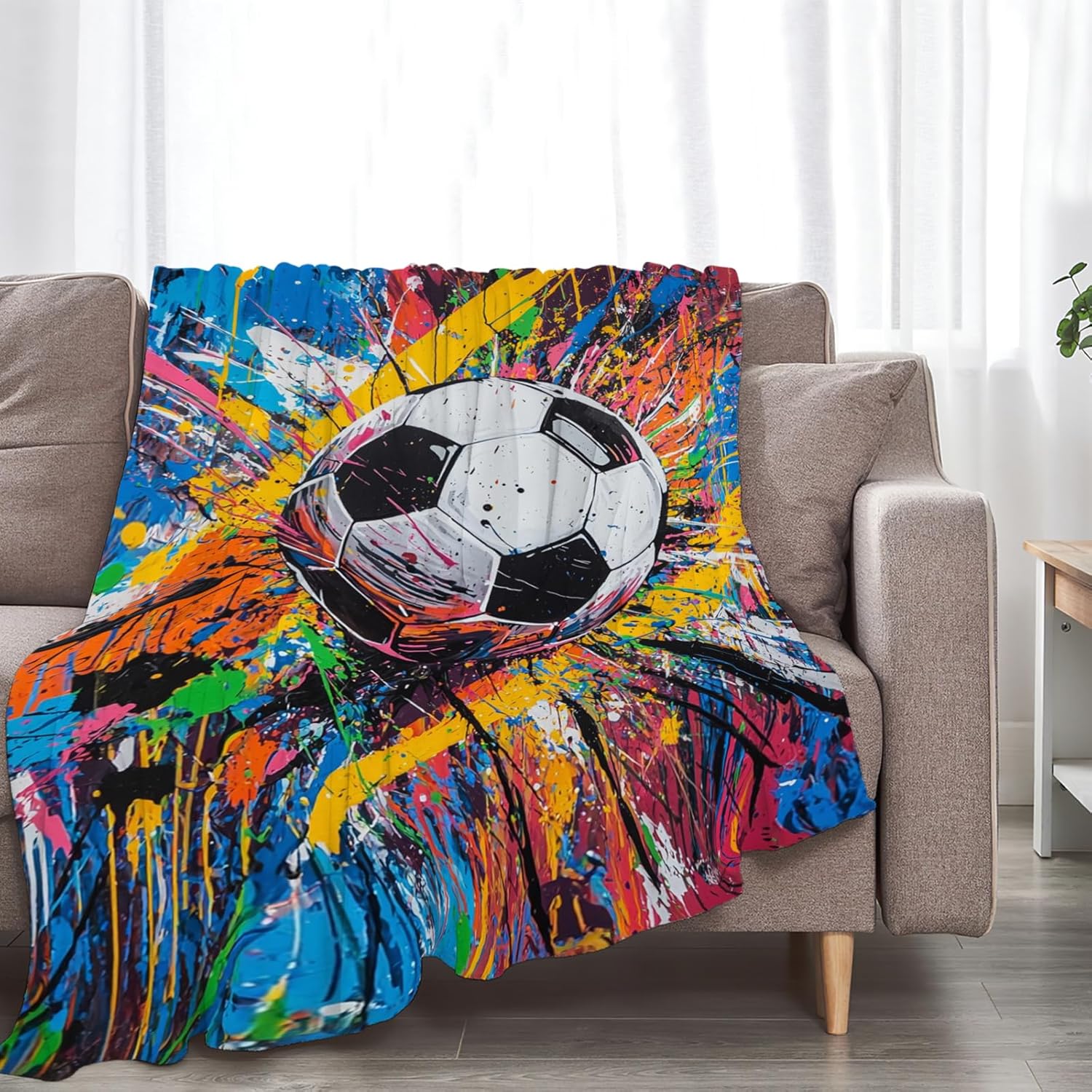 Graffiti Soccer Blanket Banksy Sport Throw Blankets Gifts for Girls Boys Kids Soccer Lover Soft Cozy Fleece Plush for Couch Sofa Bed 50"x40"