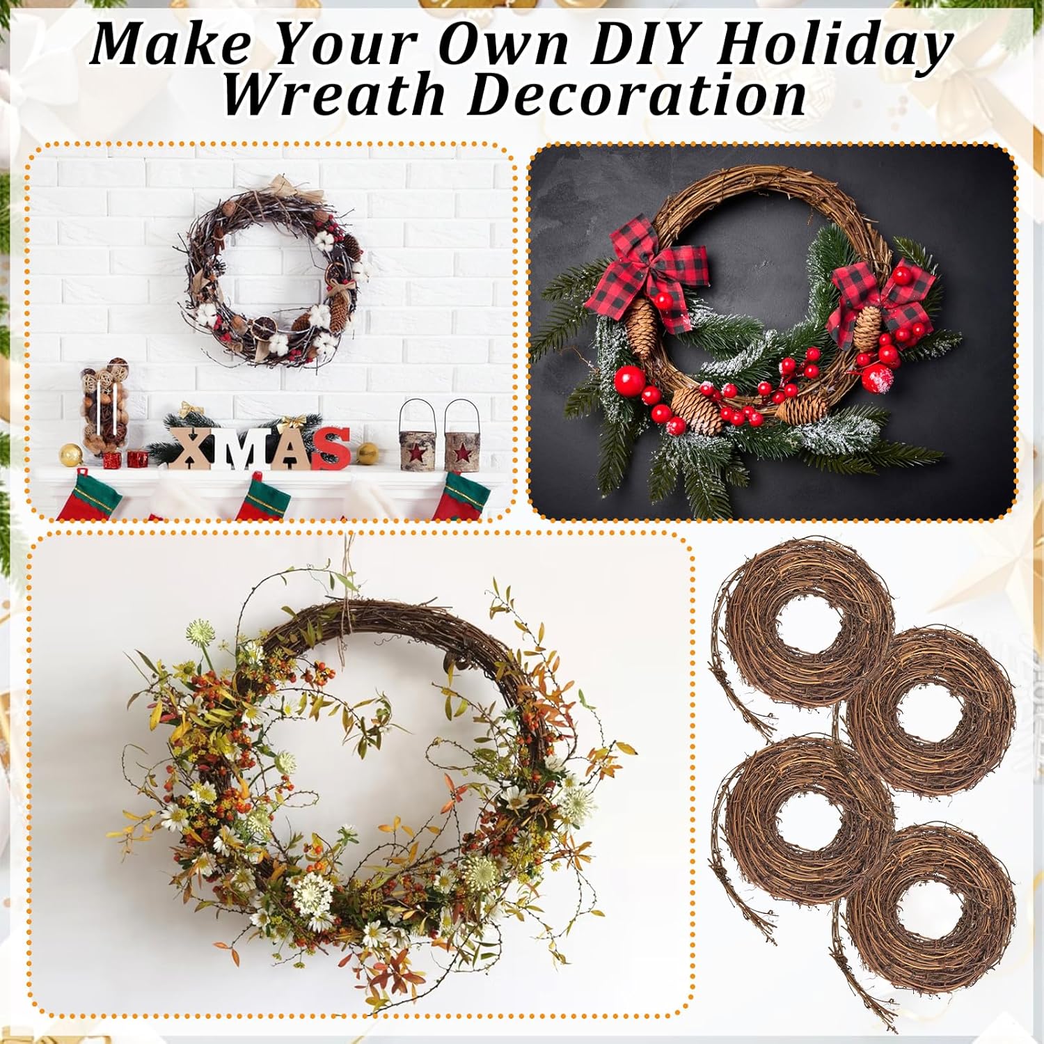 4 Pcs Grapevine Garland - 15 FT Natural Grape Vine Wreath for Crafts DIY Rattan Twig Garland Hanging Vine Wreath for Wedding Christmas Holiday Door Vase Wall Window Home Decor (Total 60FT)